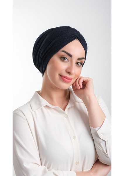 Lacivert Pratik Hazır Geçmeli Tesettür Bone Fukuro Simli Büzgülü 2116_02