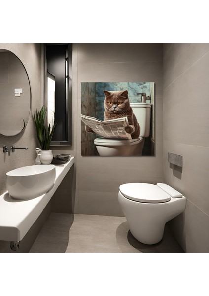 Tekli Kare Kanvas Banyo Tablosu Gazete Okuyan Gri British Kedi