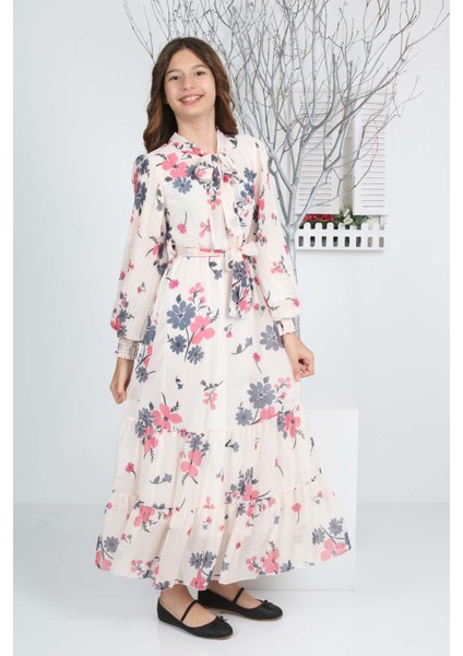 Kız Çocuk Çiçek Desenli Tam Boy Uzun Şifon ELBISE-ELB-0034 modelleri