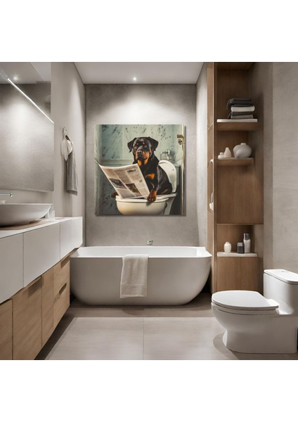 Tekli Kare Kanvas Banyo Tablosu Gazete Okuyan Rottweiler Köpek
