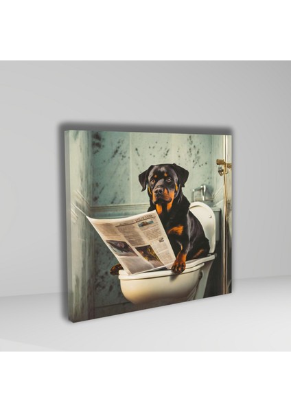 Tekli Kare Kanvas Banyo Tablosu Gazete Okuyan Rottweiler Köpek fiyatları