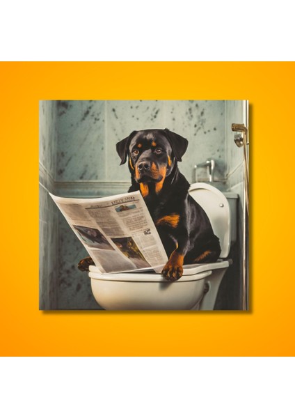 Tekli Kare Kanvas Banyo Tablosu Gazete Okuyan Rottweiler Köpek modelleri