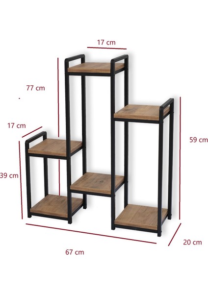 Uyanevürünleri Garden 6 Raflı Metal Çiçeklik Ahşap Raflı Siyah Metal Saksılık