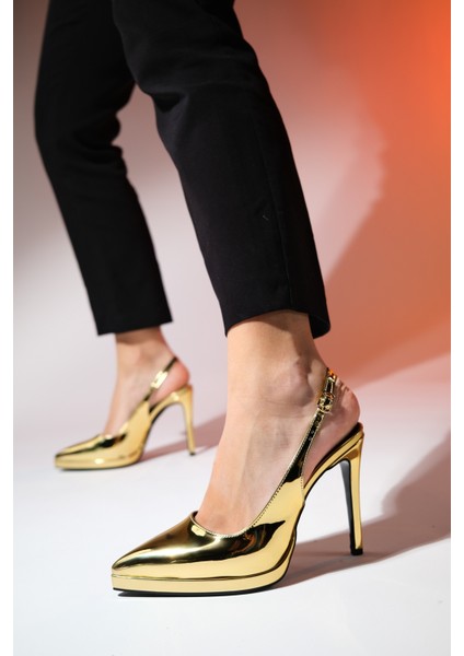 Santa Altın Ayna Kadın Sivri Burun Platform Topuklu Ayakkabı