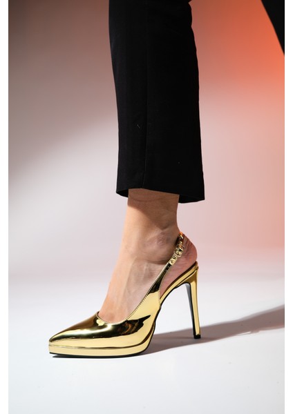 Santa Altın Ayna Kadın Sivri Burun Platform Topuklu Ayakkabı modelleri