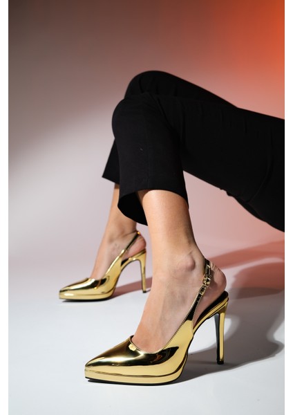 Santa Altın Ayna Kadın Sivri Burun Platform Topuklu Ayakkabı fırsatları