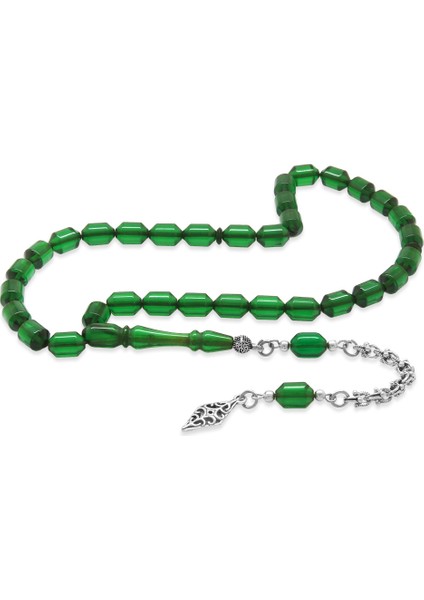 Kararmaz Metal Arnavut Zincir Püsküllü Uçlu Kapsül Kesim Yeşil Ateş Kehribar Tesbih