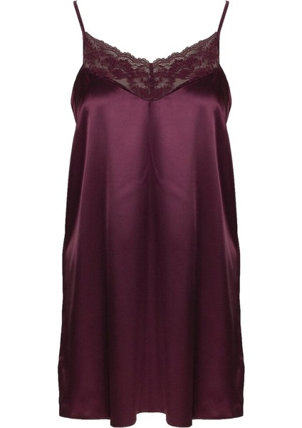 87430 V Yaka Askılı Normal Kalıp Düz Bordo Kadın Gecelik