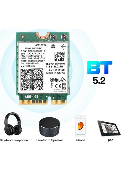 AX1675I Wıfı Kartı + 2X8DB Anten Wifi 6e M.2 Anahtar E Cnvio 2 Band 2.4g/5g/6ghz Kablosuz Kart AX211 Bt 5.2 Win 10 Için (Yurt Dışından)