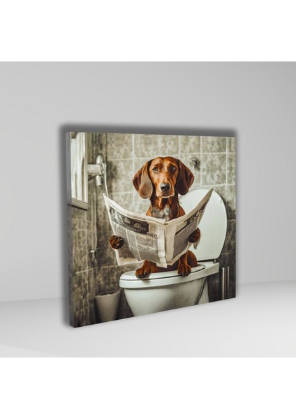 Tekli Kare Kanvas Banyo Tablosu Gazete Okuyan Kopay Av Köpeği
