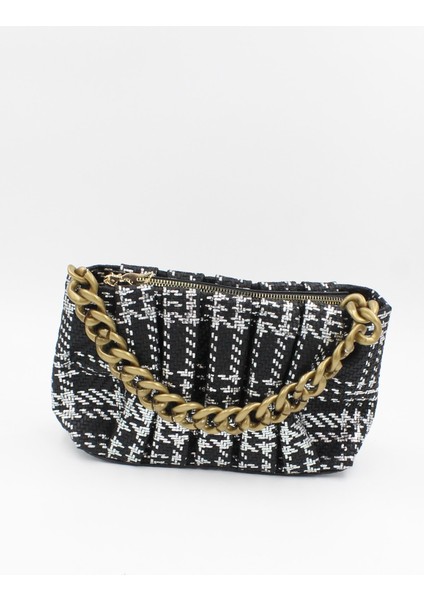 021 4000 Desenli Zincir Detaylı Omuz Çantası Siyah Desenli 2 Tek Ebat