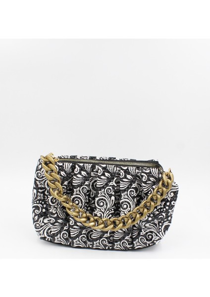021 4000 Desenli Zincir Detaylı Omuz Çantası Siyah Desenli Tek Ebat