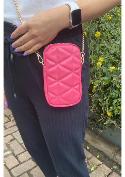 032 3200 Kroko Zincir Askılı Omuz Çantası Pembe Kapitone Tek Ebat