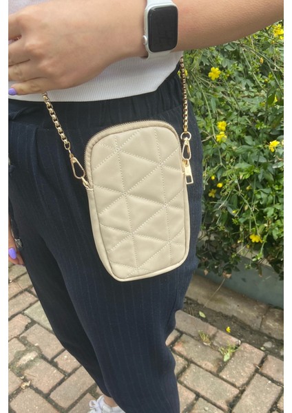 032 3200 Kroko Zincir Askılı Omuz Çantası Bej Kapitone Tek Ebat