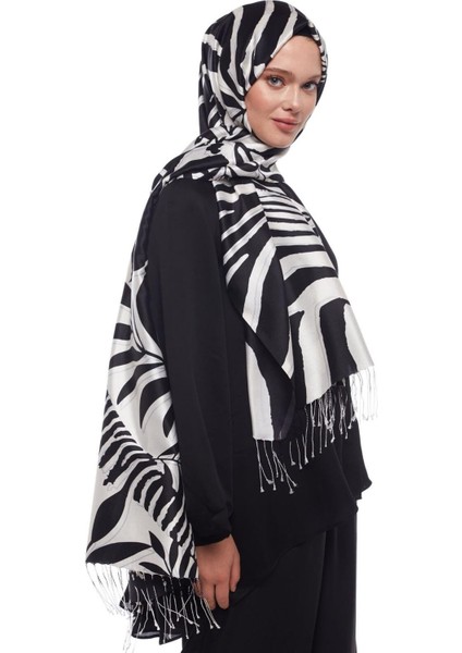 Ipekevi Desenli Ipek Şal - Palmiye Desenli - Siyah Beyaz