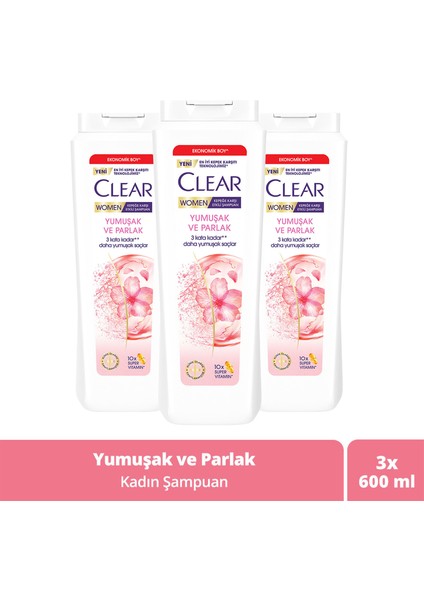 Women Kepeğe Karşı Etkili Şampuan Yumuşak ve Parlak 600 ml x3