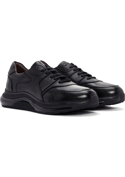 Erkek Siyah Bağcıklı Deri Casual Sneaker