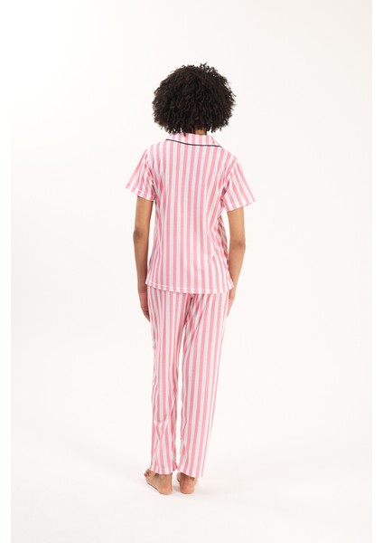 Gömlek Yaka Çizgili Pembe Kadın Pijama Takımı fiyatları