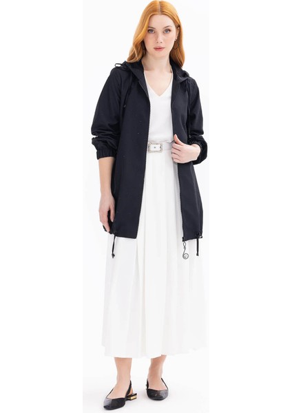 Kadın Taşlı Fermuar Detaylı Kapüşonlu Kap 1000 Siyah modelleri