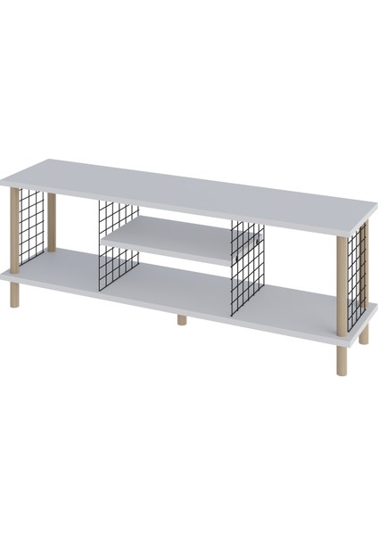 Tv Sehpası Raflı Tv Ünitesi Televizyon Sehpası Ahşap Ayaklı Metal Bölmeli - Beyaz