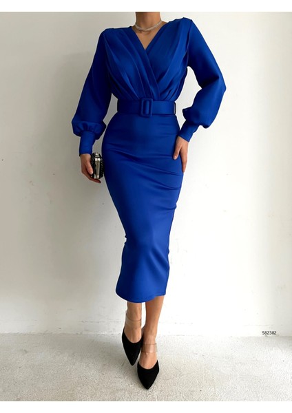 Kadın Balon Kol Kruvaze Yaka Detaylı Kemerli Scuba Kumaş Elbise (Renkli) fiyatları