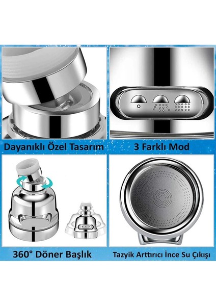 Su Tasarruflu 3 Fonksiyonlu Krom Mutfak Lavabo Başlığı 360 Derece Döner Ayarlanabilir modelleri