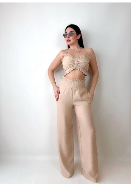 Kadın Keten Kumaş Gipeli Crop ve Pantolon Ikili Takım (Renkli)