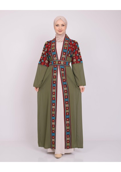 Ajurlu, Geniş Kollu Açık Yakalı Geleneksel Kalın Nakışlı Kadın Abaya Freesize C100026 Zaytin Rengi