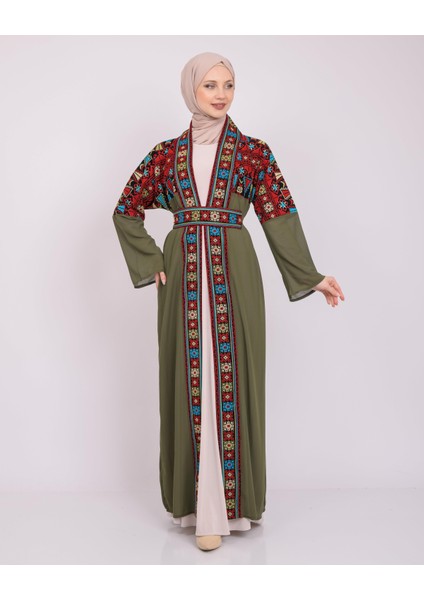 Ajurlu, Geniş Kollu Açık Yakalı Geleneksel Kalın Nakışlı Kadın Abaya Freesize C100026 Zaytin Rengi