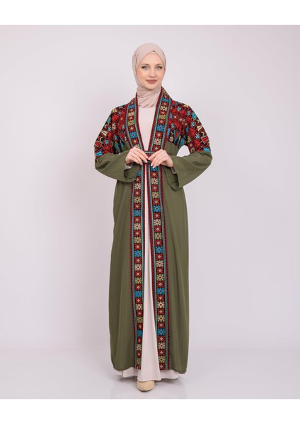 Ajurlu, Geniş Kollu Açık Yakalı Geleneksel Kalın Nakışlı Kadın Abaya Freesize C100026 Zaytin Rengi