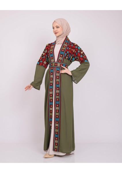 Ajurlu, Geniş Kollu Açık Yakalı Geleneksel Kalın Nakışlı Kadın Abaya Freesize C100026 Zaytin Rengi