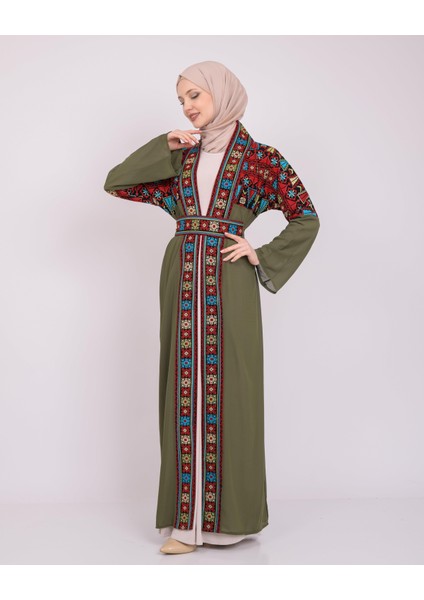 Ajurlu, Geniş Kollu Açık Yakalı Geleneksel Kalın Nakışlı Kadın Abaya Freesize C100026 Zaytin Rengi
