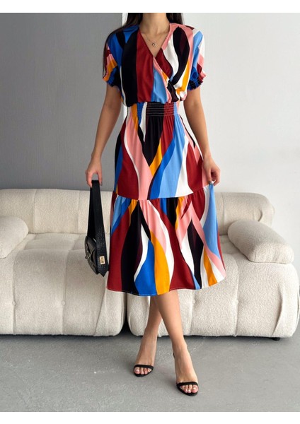 Kadın Kruvaze Yaka Viskon Kumaş Gipeli Elbise (Renkli)