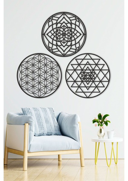 Ahşap Yaşam Çiçeği Sri Yantra ve Mandala Üçlü Dekoratif Tablo Duvar Süsü