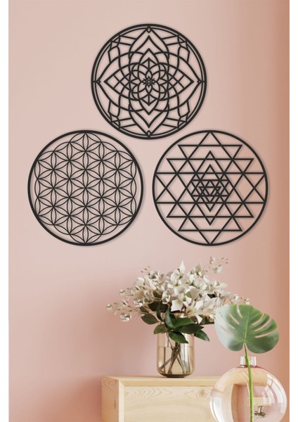 Ahşap Yaşam Çiçeği Sri Yantra ve Mandala Üçlü Dekoratif Tablo Duvar Süsü fiyatları