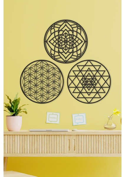 Ahşap Yaşam Çiçeği Sri Yantra ve Mandala Üçlü Dekoratif Tablo Duvar Süsü fırsatları