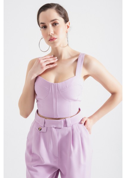 Kadın Lila Kalın Askılı Crop Bluz fiyatları