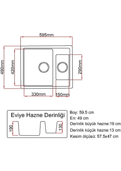 1,5 Gözlü- BEYAZ RENK - 60X50 cm Granit Eviye