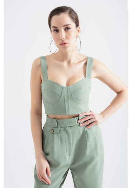 Kadın Mint Yeşili Kalın Askılı Crop Bluz