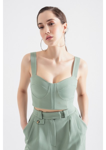 Kadın Mint Yeşili Kalın Askılı Crop Bluz fiyatları