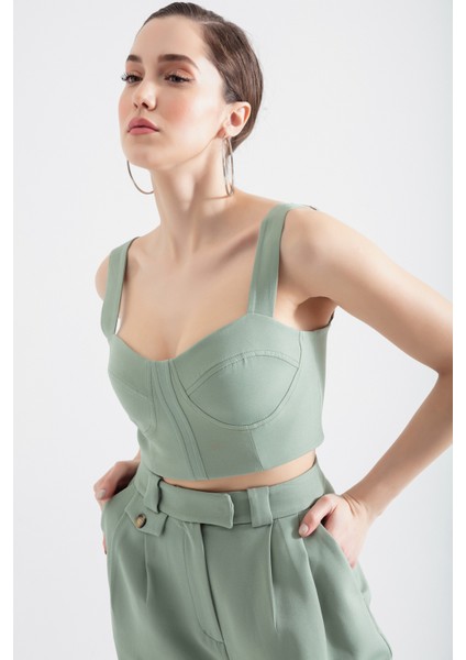 Kadın Mint Yeşili Kalın Askılı Crop Bluz modelleri