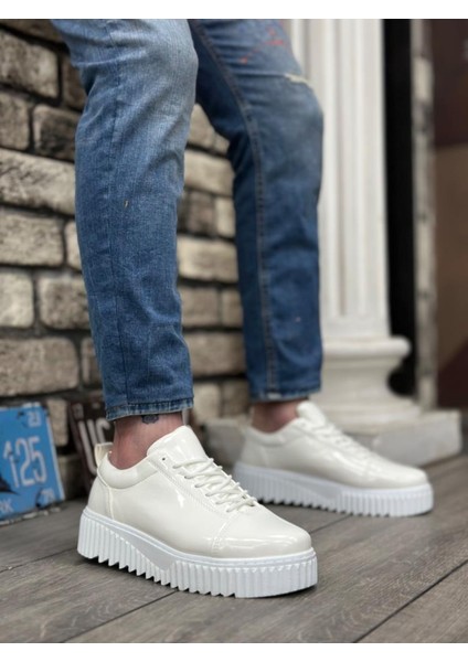 Yüksek Taban Rugan Beyaz Bağcıklı Erkek Ayakkabı fiyatları