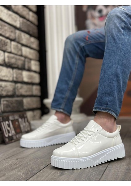 Yüksek Taban Rugan Beyaz Bağcıklı Erkek Ayakkabı modelleri