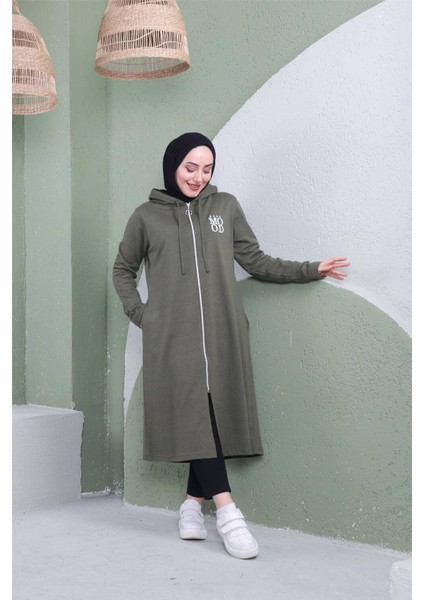 Yazı Baskılı Fermuarlı Kapşonlu Uzun Sweat - 03081.005 - Haki fiyatları
