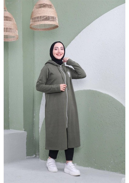 Yazı Baskılı Fermuarlı Kapşonlu Uzun Sweat - 03081.005 - Haki fırsatları