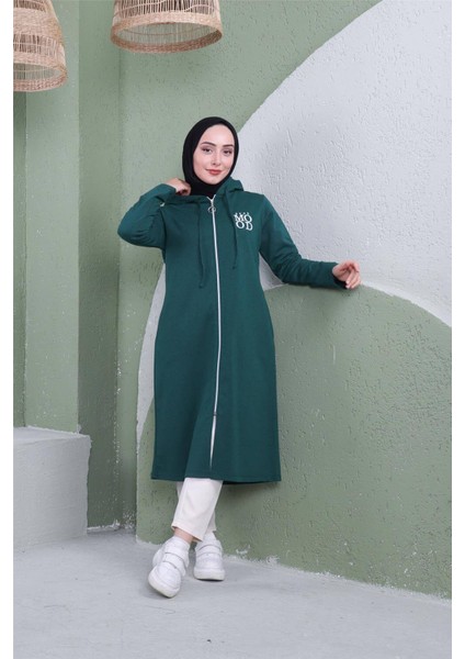 Yazı Baskılı Fermuarlı Kapşonlu Uzun Sweat - 03081.021 - Nefti modelleri