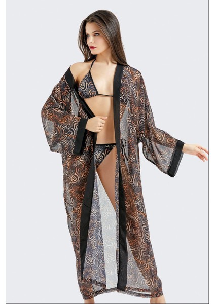 Uzun Şifon Kimono Pareo Plaj Elbisesi C14300 Leopar