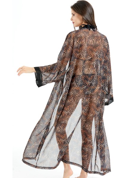 Uzun Şifon Kimono Pareo Plaj Elbisesi C14300 Leopar