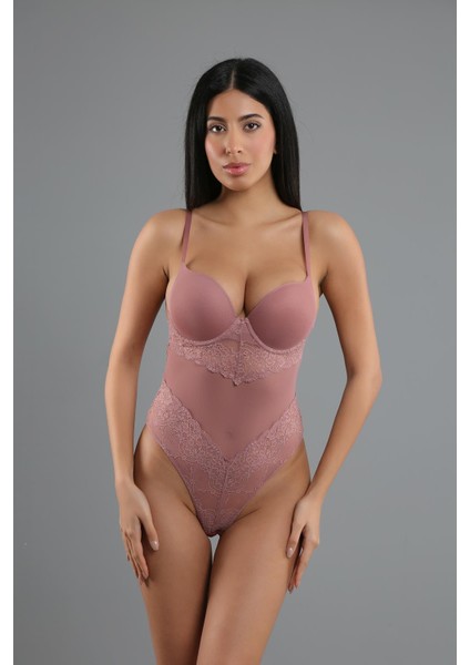 Destekli Dantelli Çıtçıtlı Body C15081 Vizon modelleri