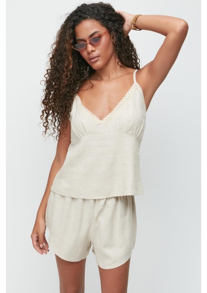 Keten Dantel Detay Atlet Şort Takım 9146 Bej